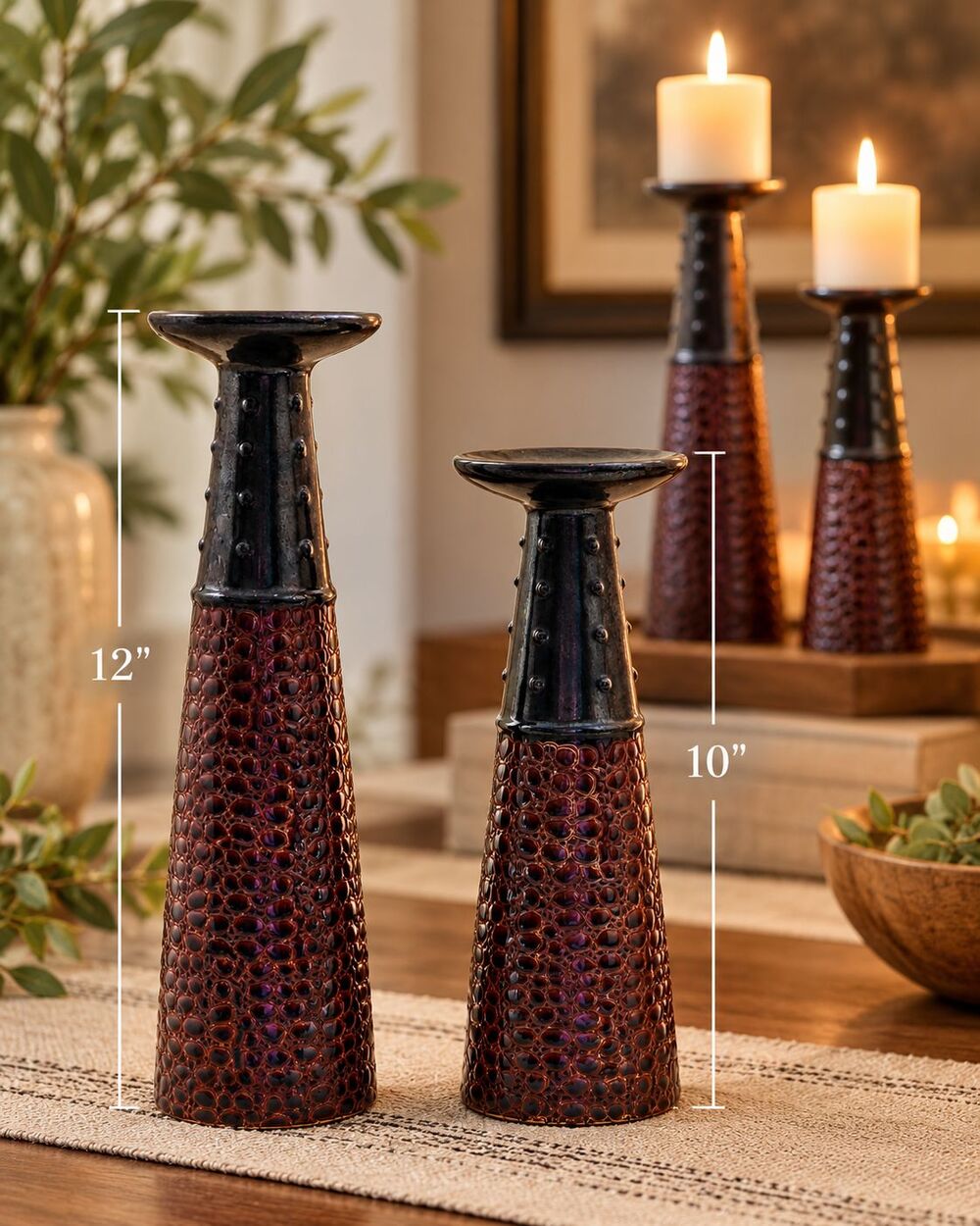 Set of 2 Ceramic Candle Holders 12" & 10" Textured Brown Purple Pillar Stands